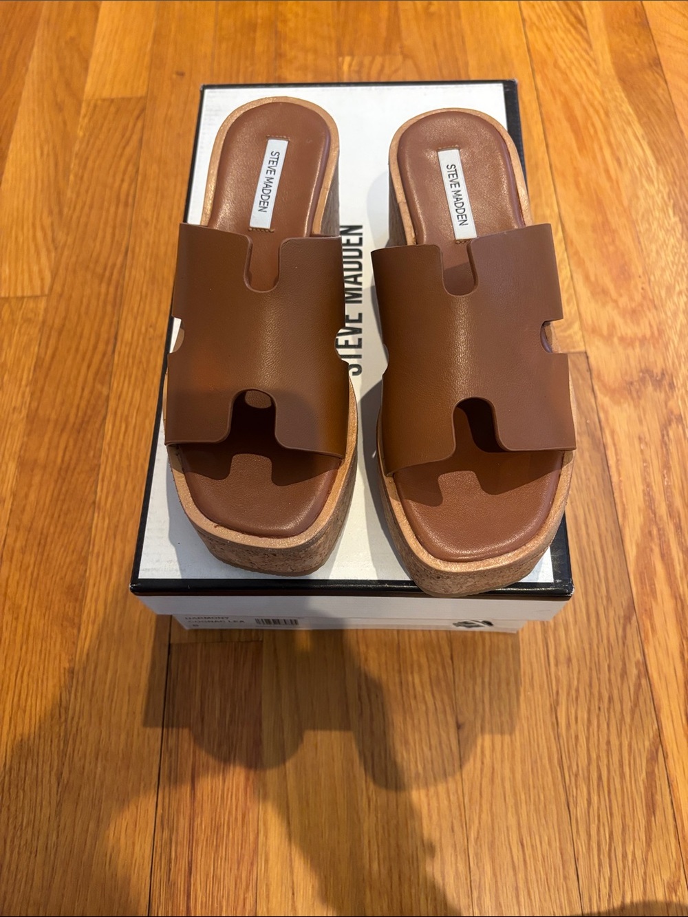 Steve Madden Brown Leather HARMONY COFNAC LEA Size 6 Platform Slide Sandals NWT